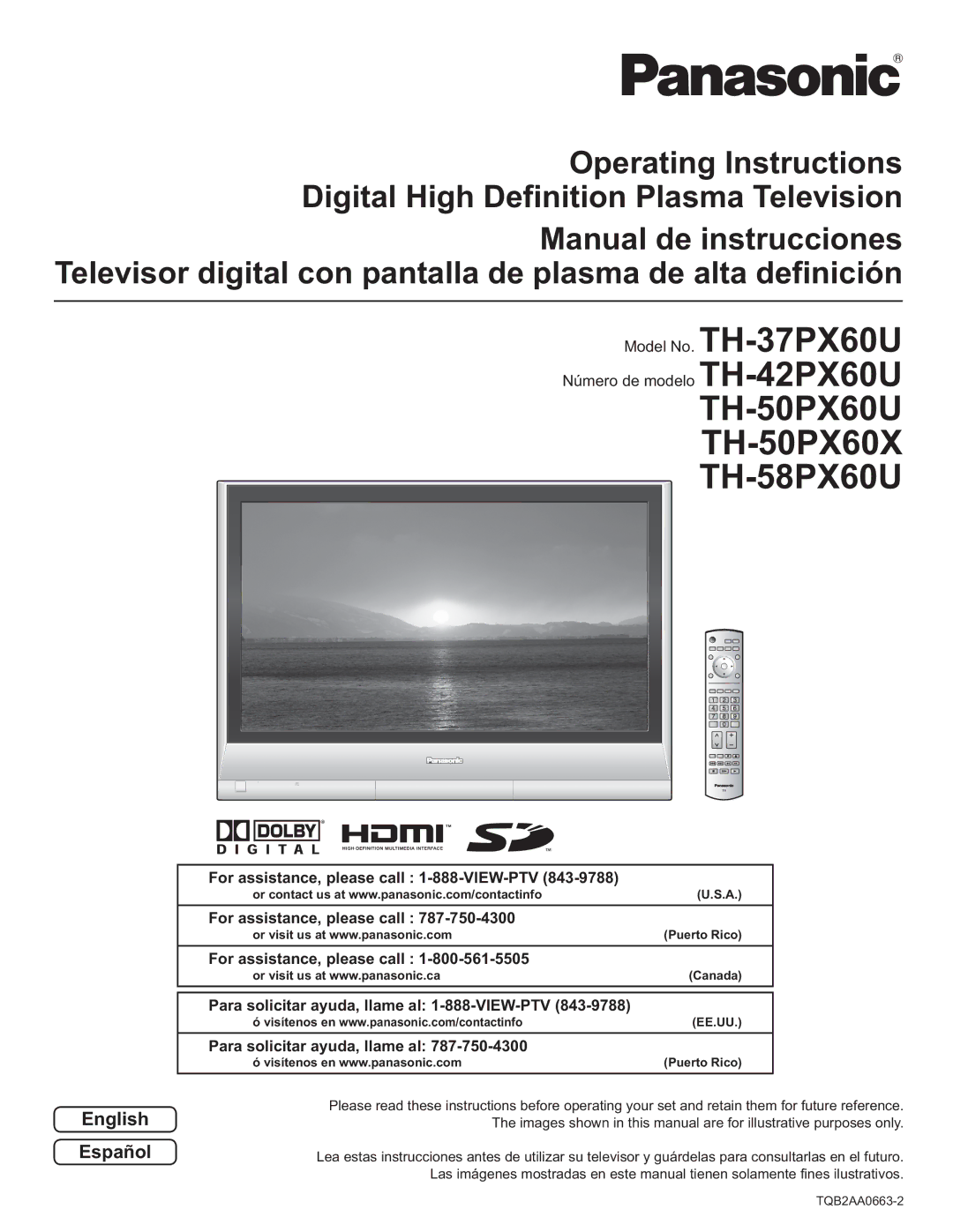 Panasonic TQB2AA0663-2 manual TH-50PX60U TH-50PX60X TH-58PX60U, English Español 