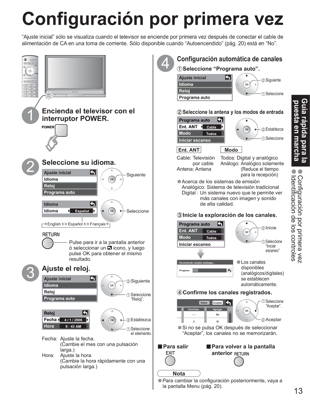 Panasonic TQB2AA0663-2, TH-50PX60U manual Configuración por primera vez, Ajuste el reloj 