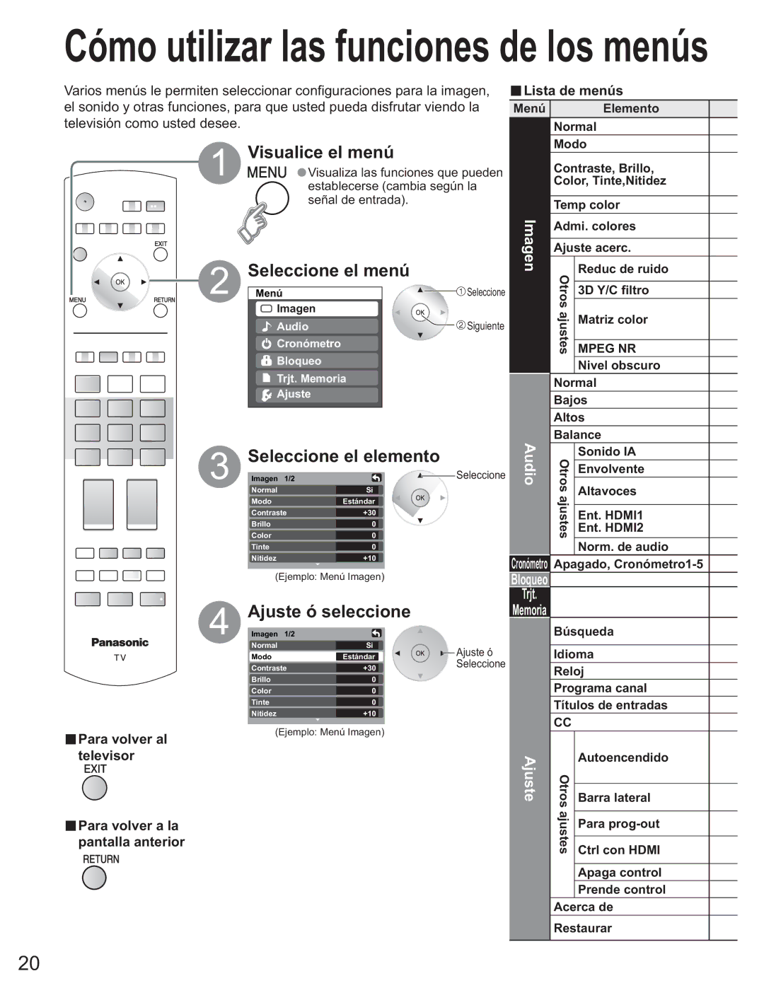 Panasonic TH-50PX60U, TQB2AA0663-2 manual Visualice el menú, Seleccione el menú, Seleccione el elemento, Ajuste ó seleccione 