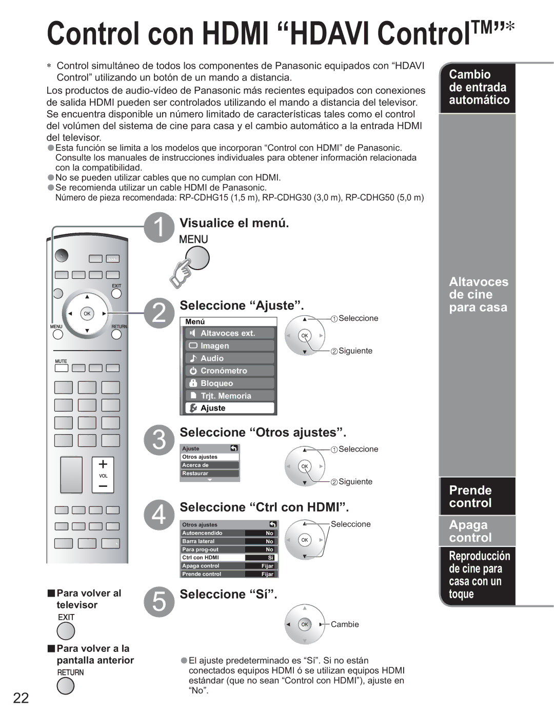 Panasonic TH-50PX60U, TQB2AA0663-2 manual Seleccione Ajuste, Seleccione Ctrl con Hdmi, Seleccione Sí 