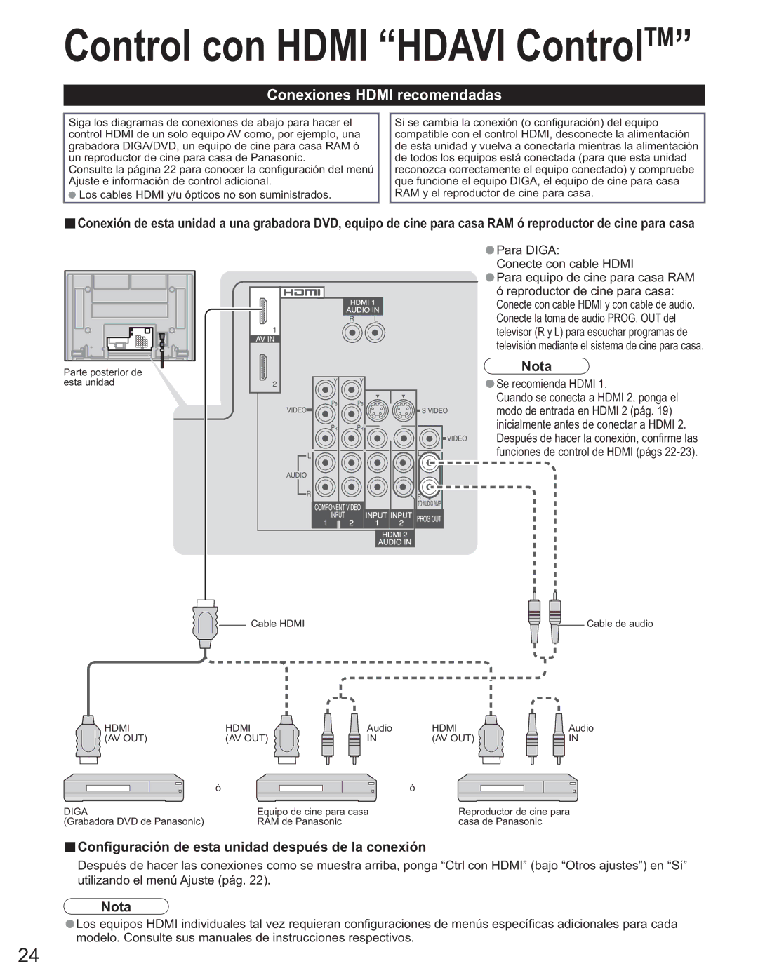 Panasonic TH-50PX60U, TQB2AA0663-2 manual Conexiones Hdmi recomendadas, Configuración de esta unidad después de la conexión 