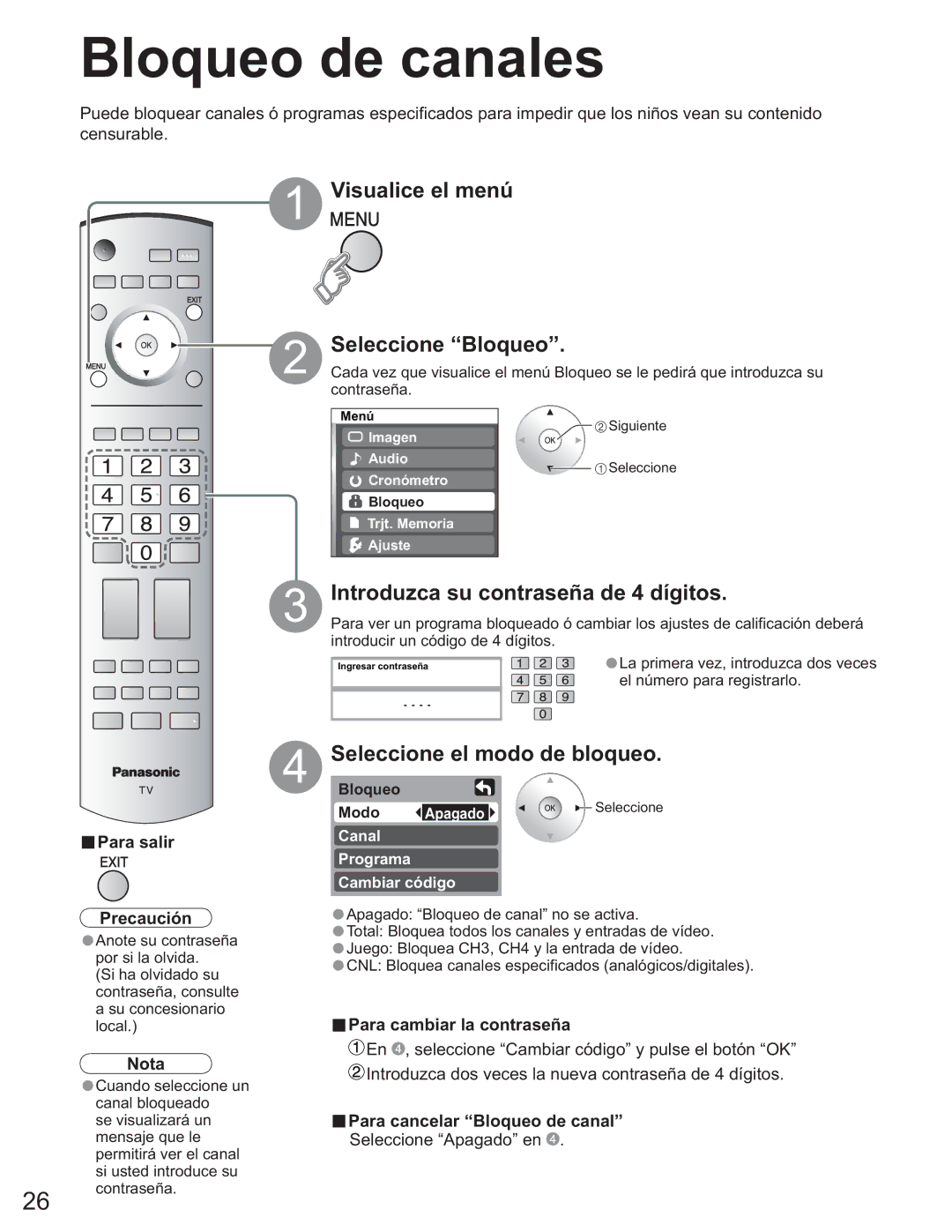 Panasonic TH-50PX60U manual Bloqueo de canales, Visualice el menú Seleccione Bloqueo, Introduzca su contraseña de 4 dígitos 