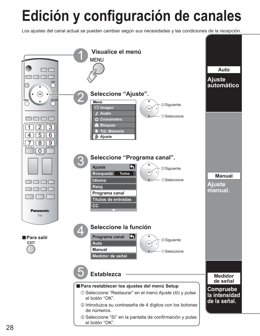 Panasonic TH-50PX60U, TQB2AA0663-2 SeleccioneMenú Ajuste, Seleccione Programa canal, Seleccione la función, Auto, Manual 