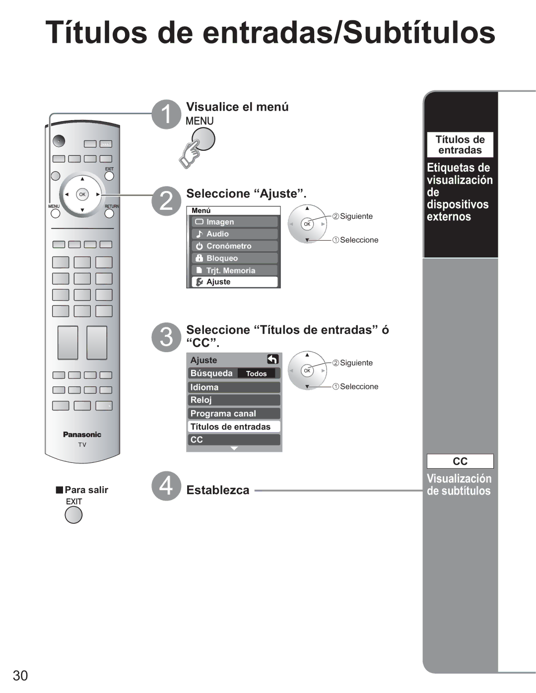 Panasonic TH-50PX60U, TQB2AA0663-2 Títulos de entradas/Subtítulos, Ajuste, SeleccioneCC. Títulos de entradas ó, Establezca 