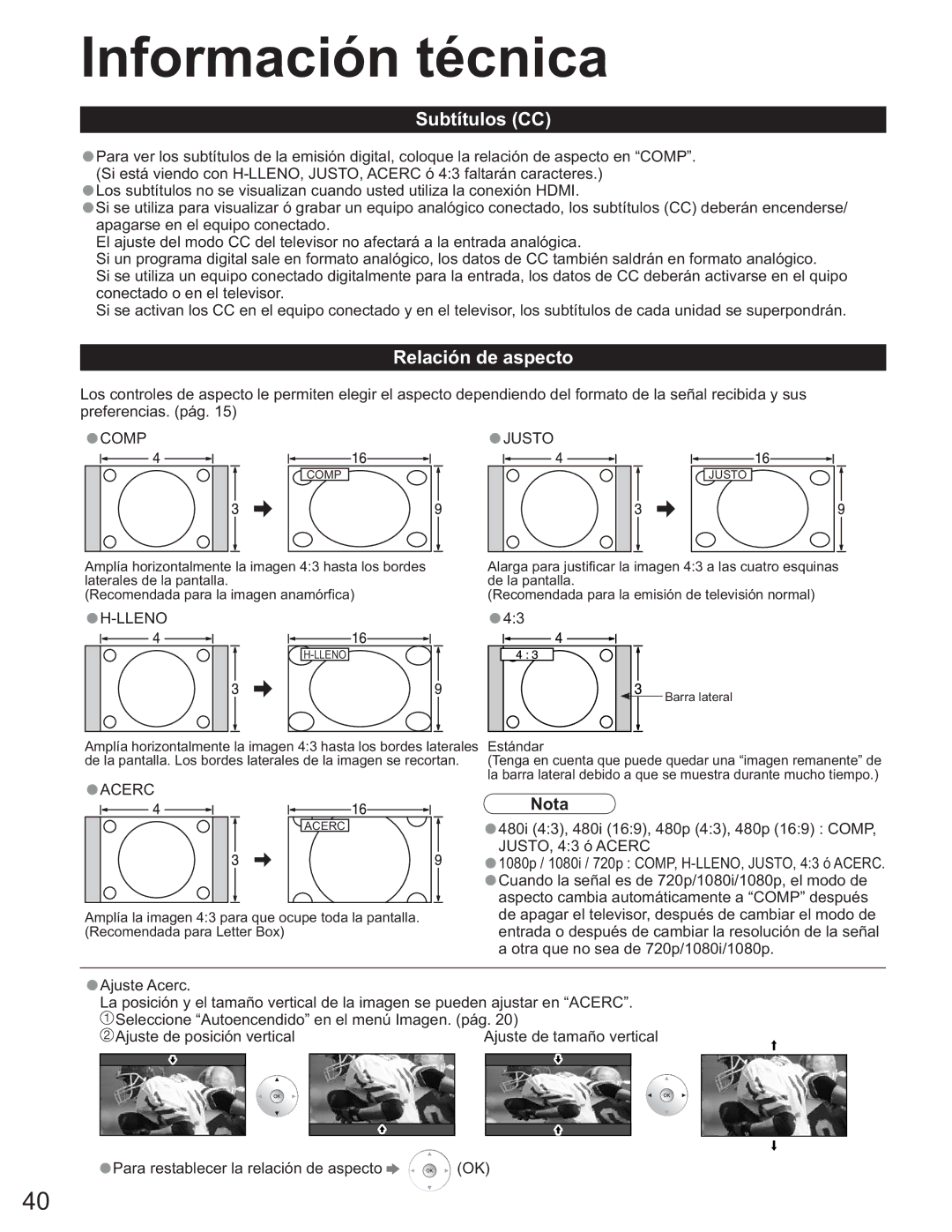 Panasonic TH-50PX60U, TQB2AA0663-2 manual Información técnica, Subtítulos CC, Relación de aspecto 