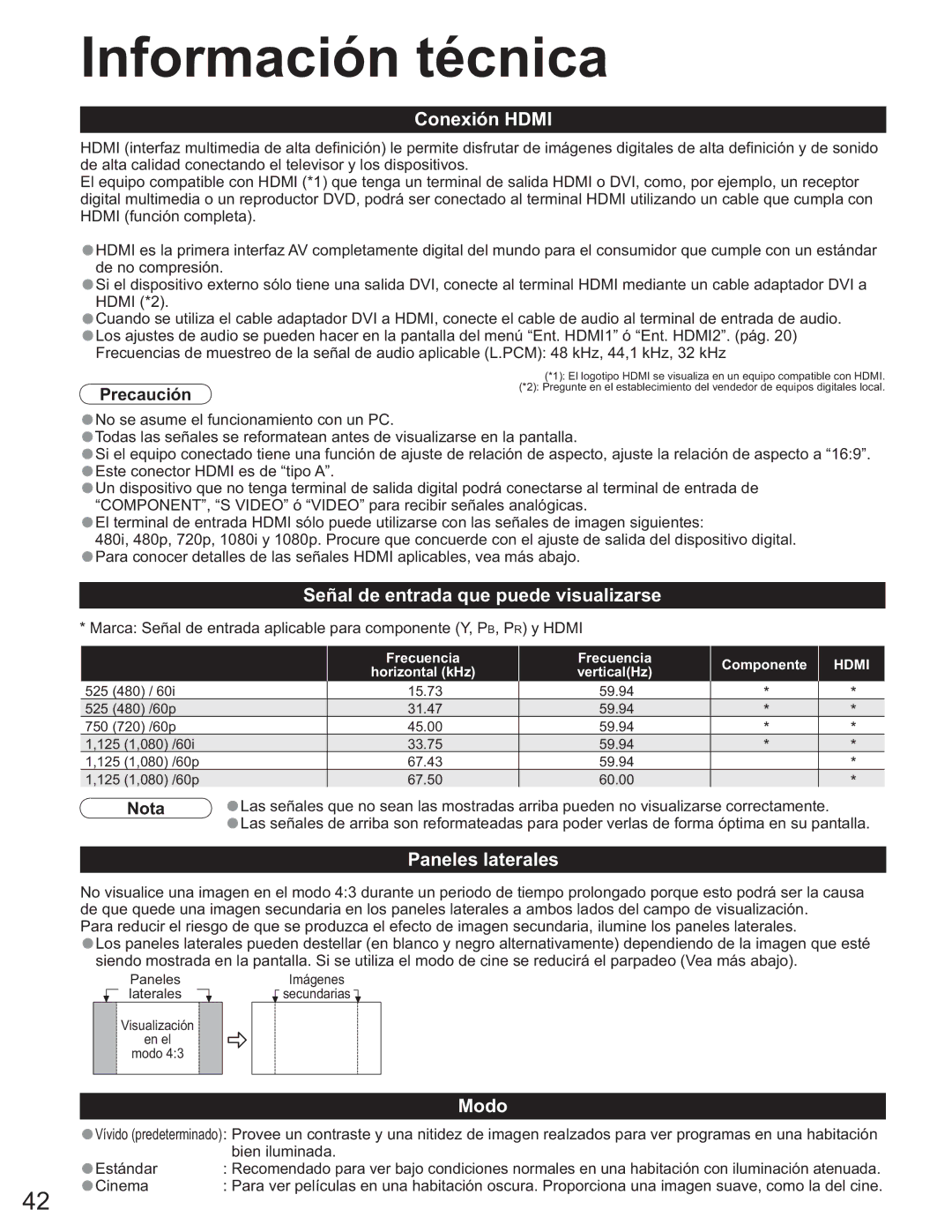 Panasonic TH-50PX60U, TQB2AA0663-2 manual Conexión Hdmi, Señal de entrada que puede visualizarse, Paneles laterales, Modo 