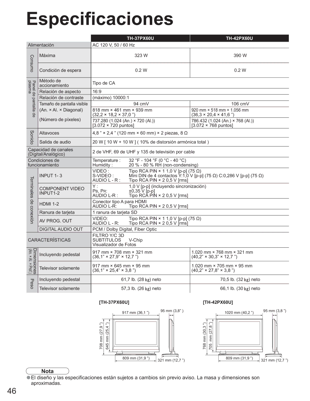 Panasonic TH-50PX60U, TQB2AA0663-2 manual Especificaciones, Características 