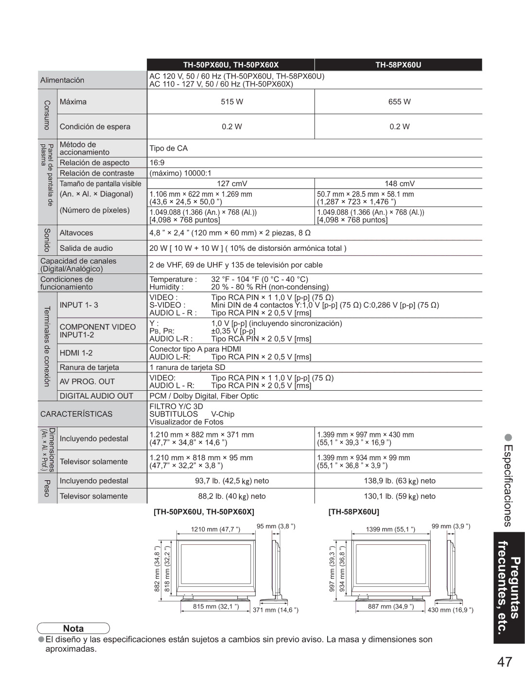 Panasonic TQB2AA0663-2, TH-50PX60U manual Especificaciones 