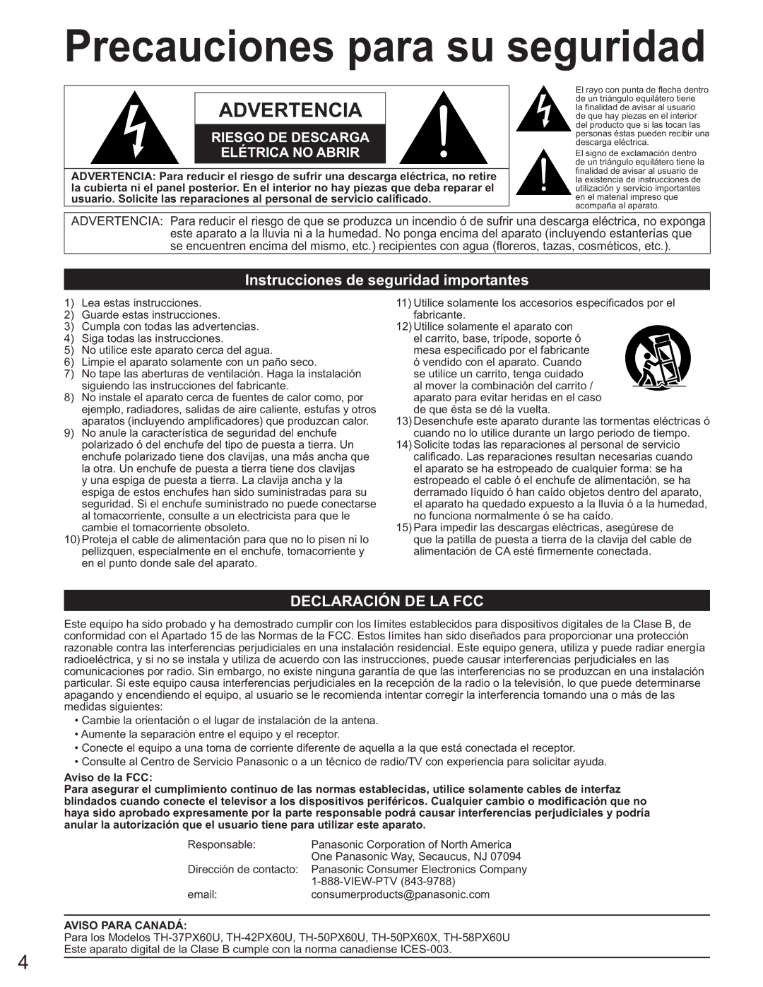 Panasonic TH-50PX60U, TQB2AA0663-2 manual Precauciones para su seguridad, Instrucciones de seguridad importantes 