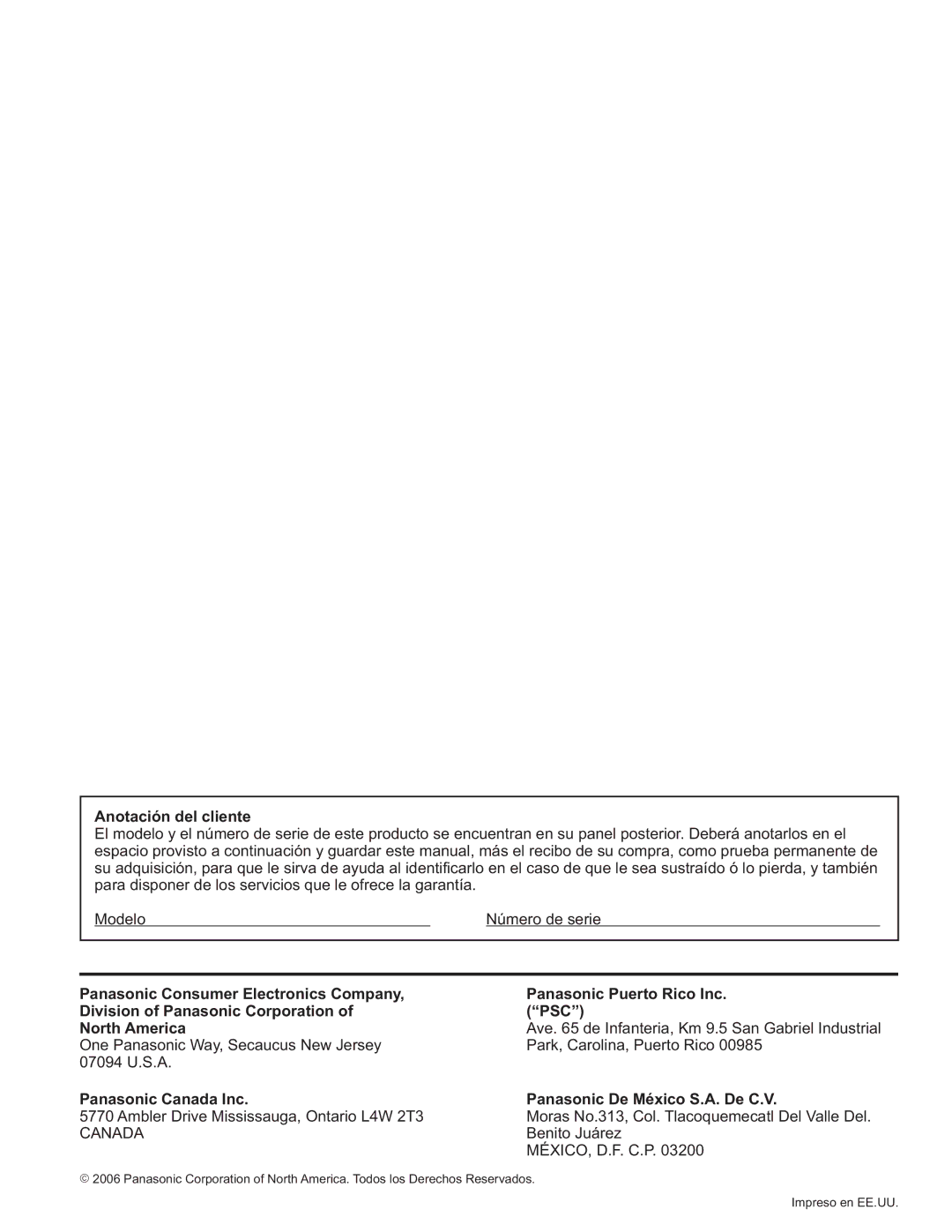 Panasonic TH-50PX60U, TQB2AA0663-2 manual Anotación del cliente, Panasonic Canada Inc, Panasonic Puerto Rico Inc. PSC 