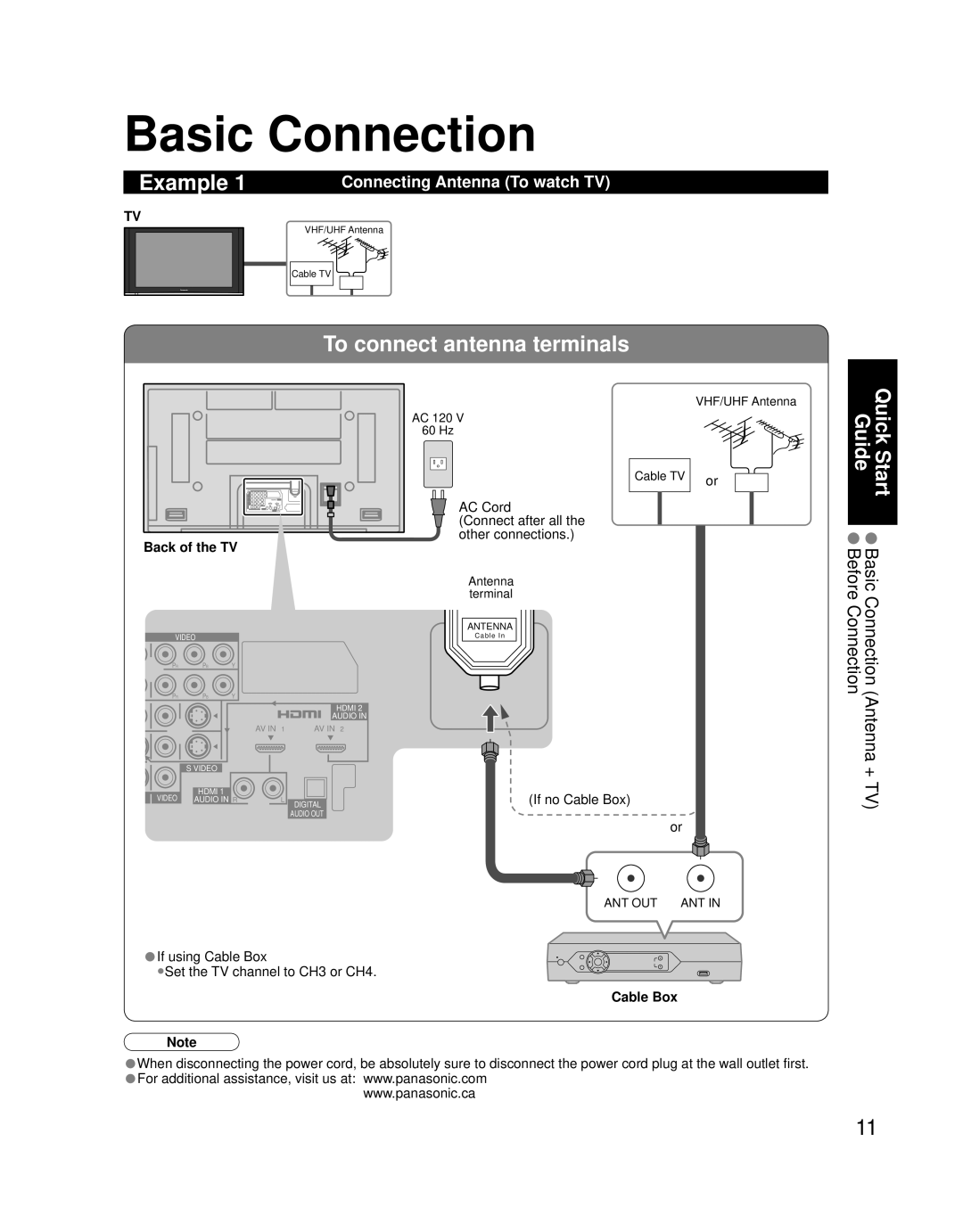 Panasonic TQB2AA0756 quick start Basic Connection, Example, If using Cable Box Set the TV channel to CH3 or CH4 