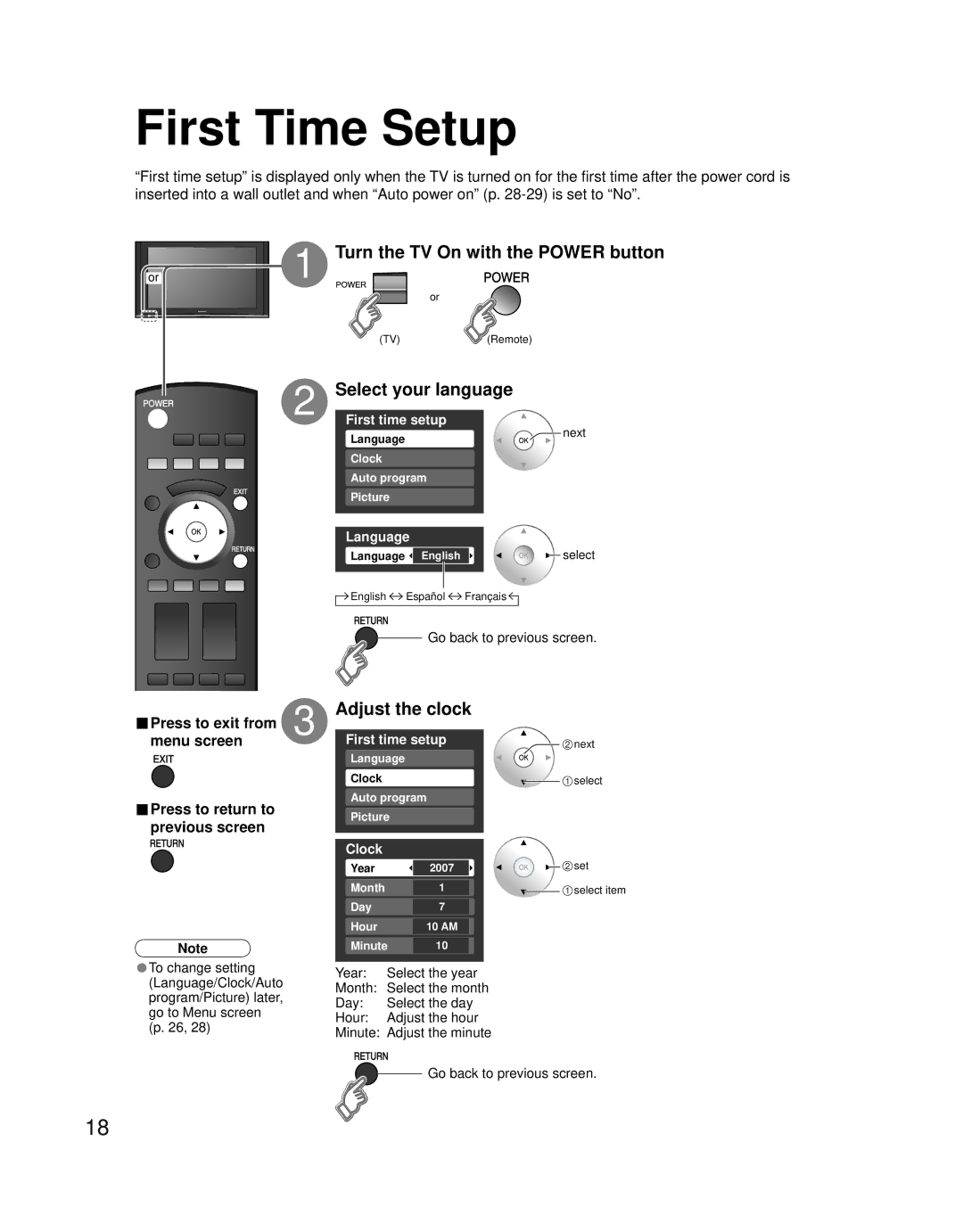 Panasonic TQB2AA0756 First Time Setup, Turn the TV On with the Power button, Select your language, Adjust the clock 