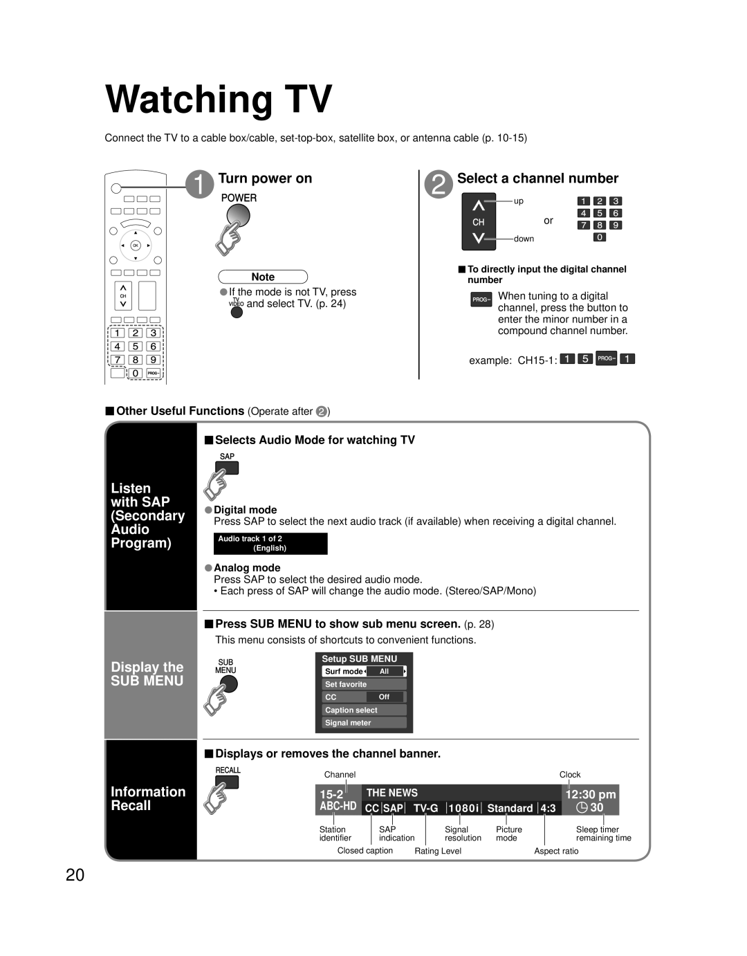 Panasonic TQB2AA0756 quick start Watching TV, Listen with SAP Secondary Audio Program, Display, Information Recall 