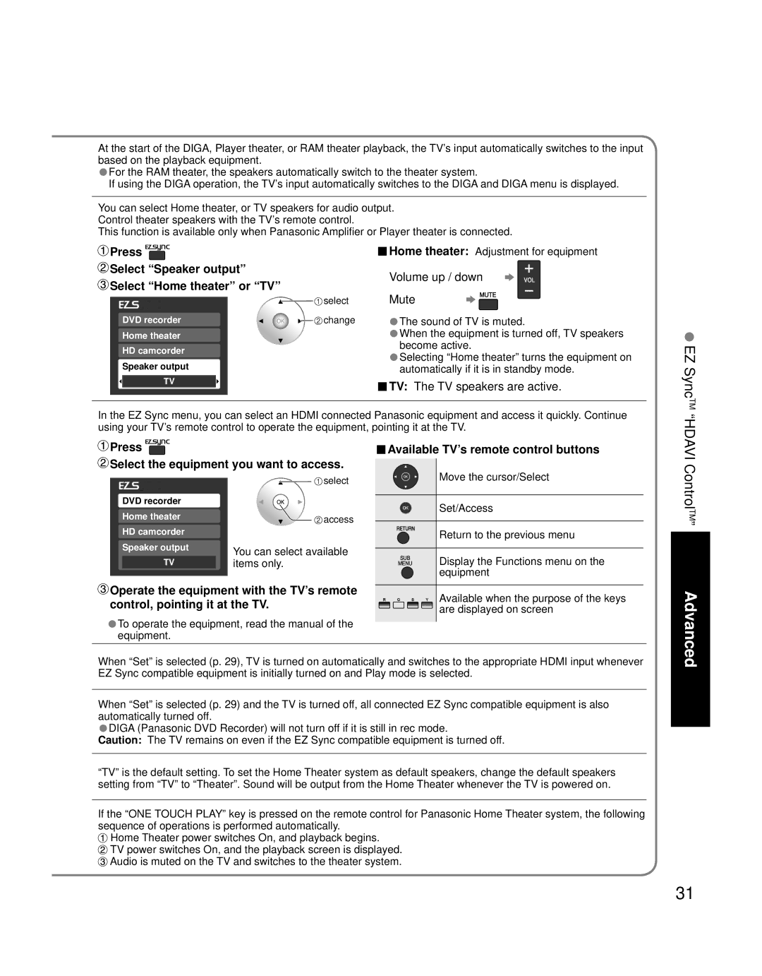 Panasonic TQB2AA0756 Press Select Speaker output Select Home theater or TV, Press Select the equipment you want to access 