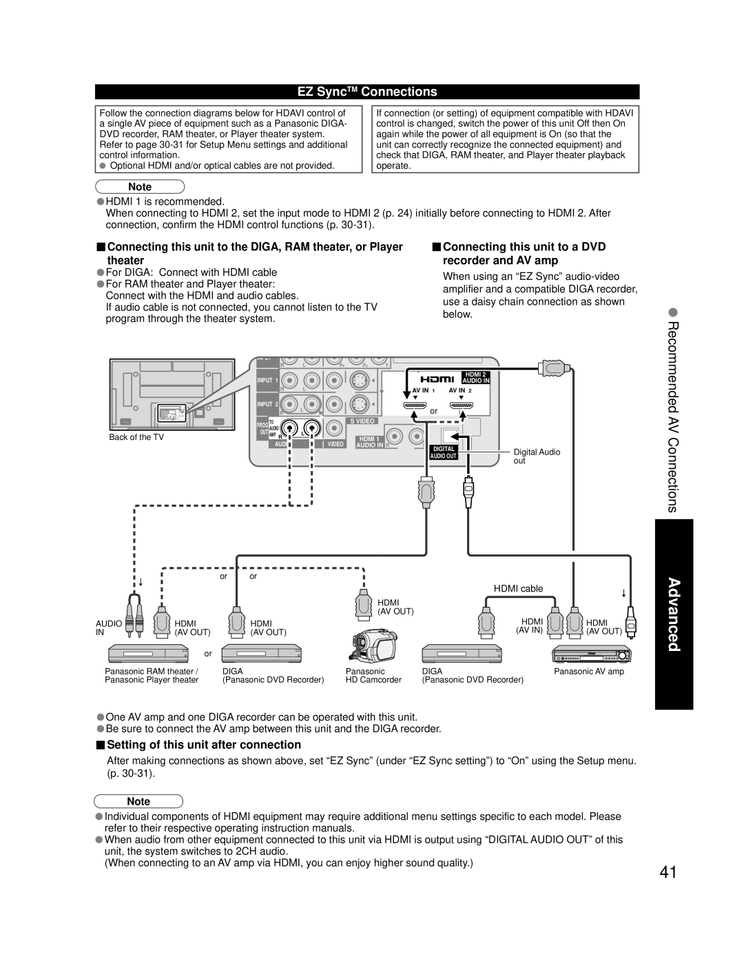 Panasonic TQB2AA0756 quick start EZ SyncTM Connections, Connecting this unit to a DVD recorder and AV amp, Hdmi cable 