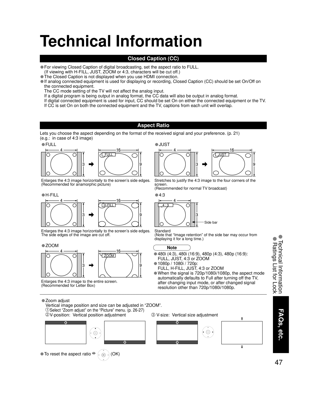 Panasonic TQB2AA0756 quick start Technical Information, Closed Caption CC, Aspect Ratio, To reset the aspect ratio 