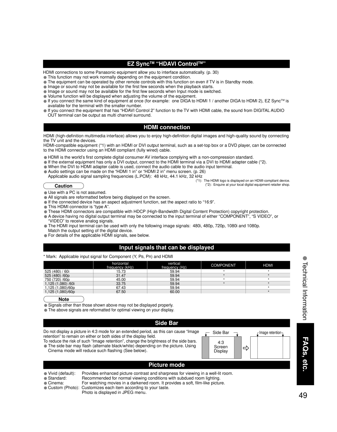 Panasonic TQB2AA0756 quick start EZ SyncTM Hdavi ControlTM, Hdmi connection, Input signals that can be displayed, Side Bar 