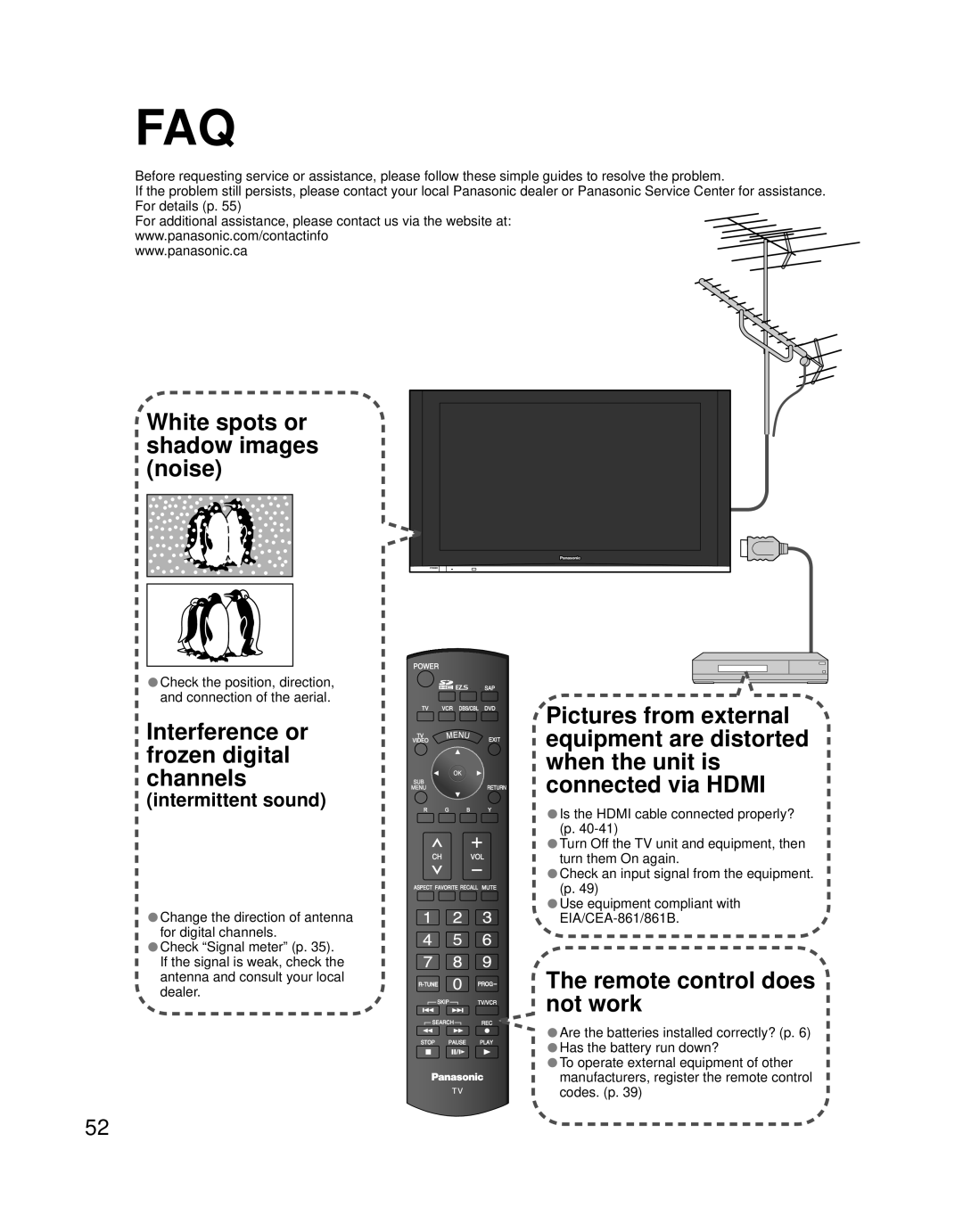 Panasonic TQB2AA0756 quick start Intermittent sound, Check the position, direction, and connection of the aerial 