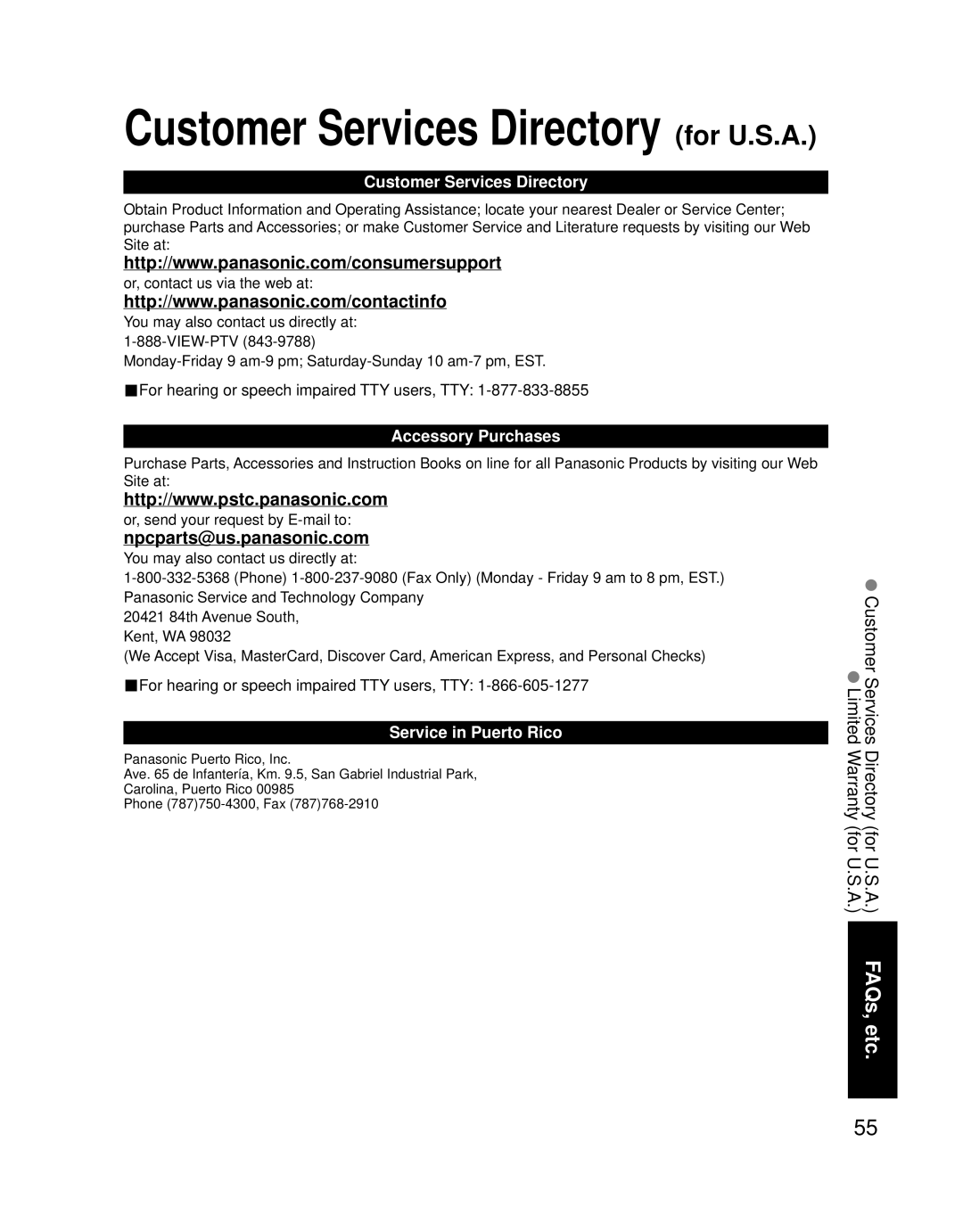 Panasonic TQB2AA0756 Npcparts@us.panasonic.com, Customer Services Directory, Accessory Purchases, Service in Puerto Rico 