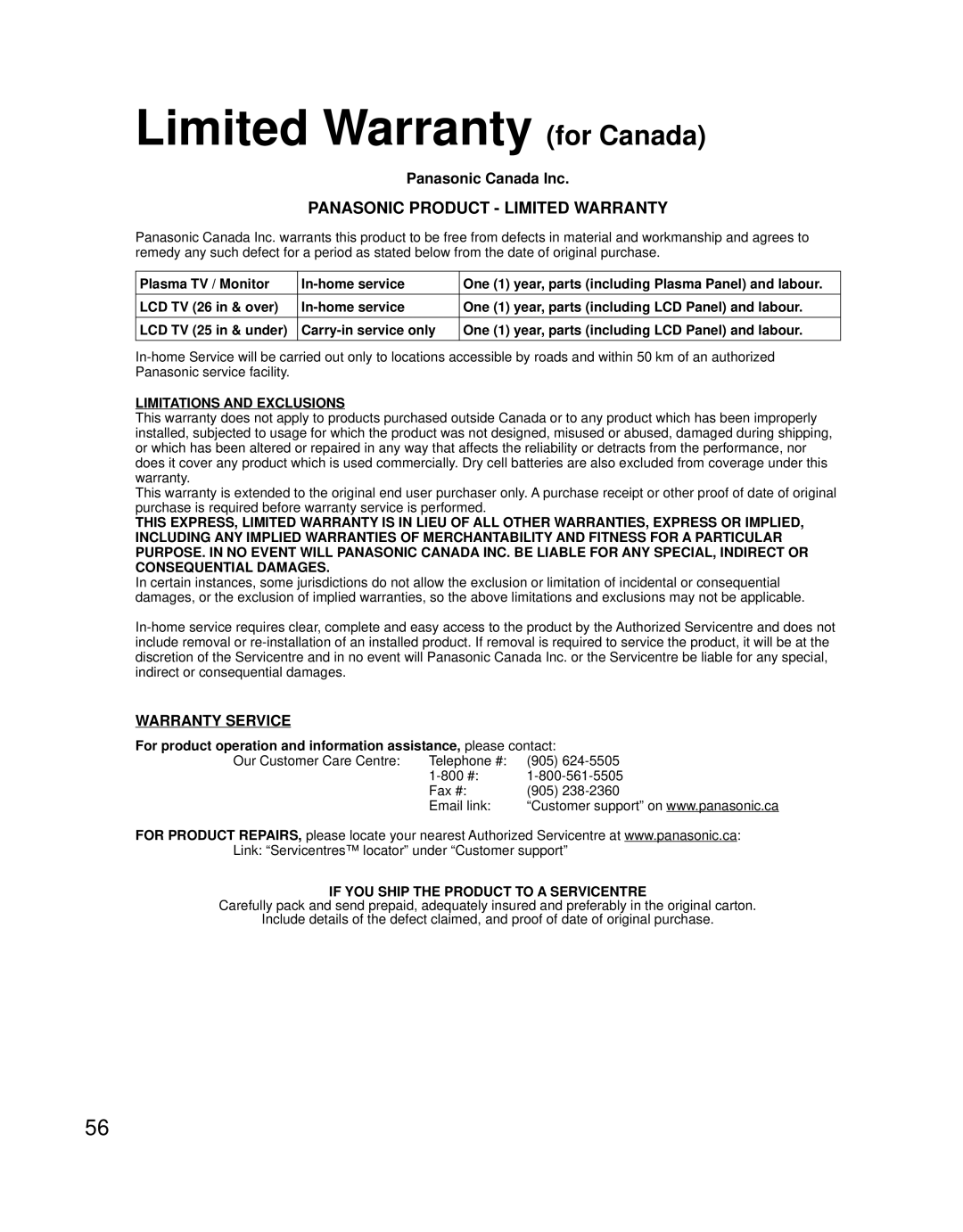 Panasonic TQB2AA0756 quick start Limited Warranty for Canada, Panasonic Canada Inc 