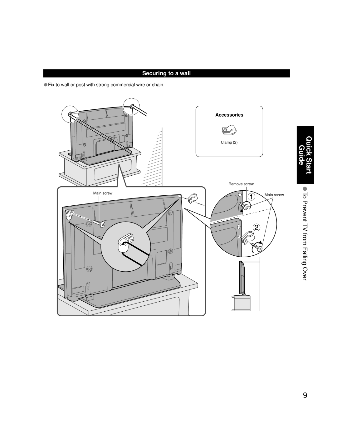 Panasonic TQB2AA0756 quick start Securing to a wall, Fix to wall or post with strong commercial wire or chain 