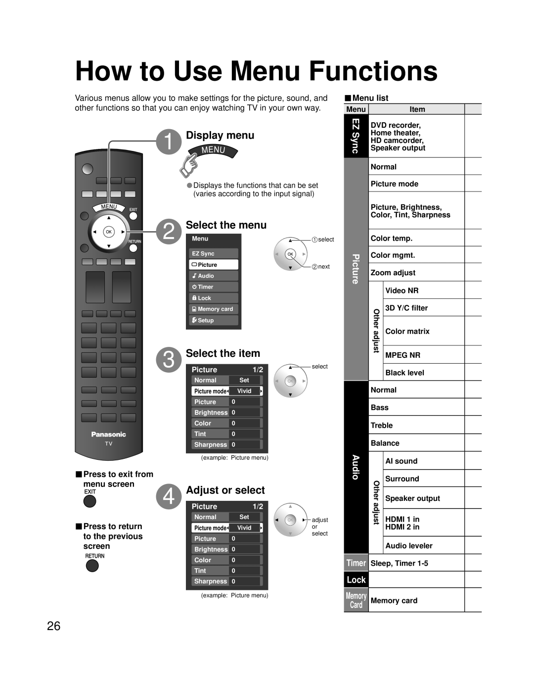 Panasonic TQB2AA0756 How to Use Menu Functions, Display menu, the menu, Select the item, Adjust or select, Sync, screen 