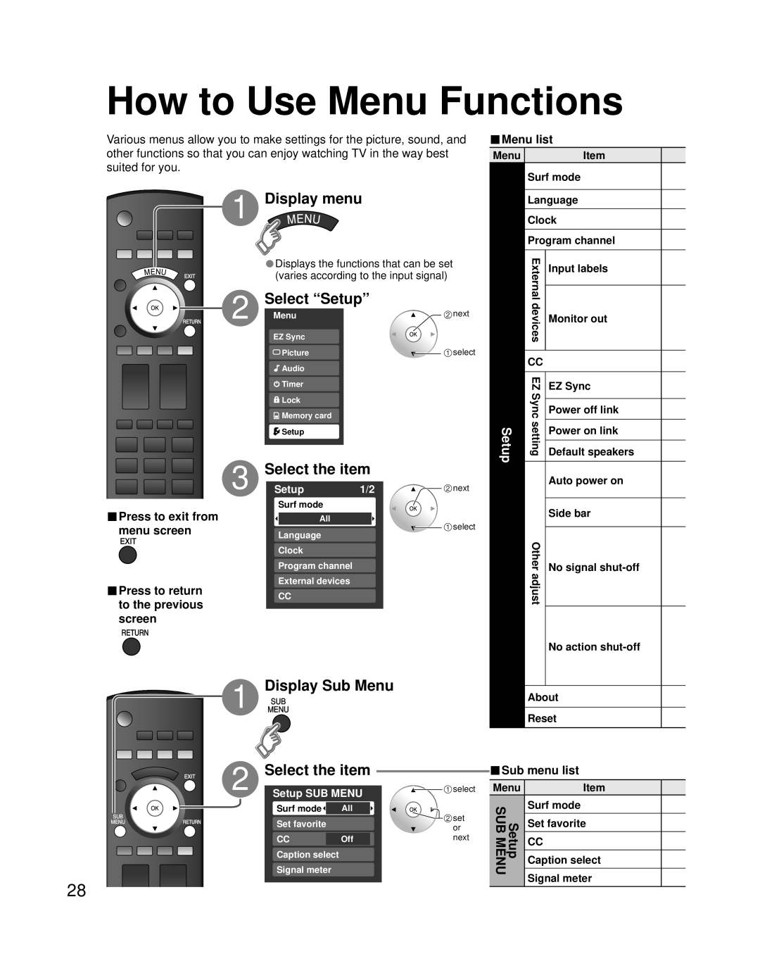 Panasonic TQB2AA0756 Select “Setup”, Display Sub Menu, Select the item, Sub menu list, Surf mode, Language, Clock, devices 