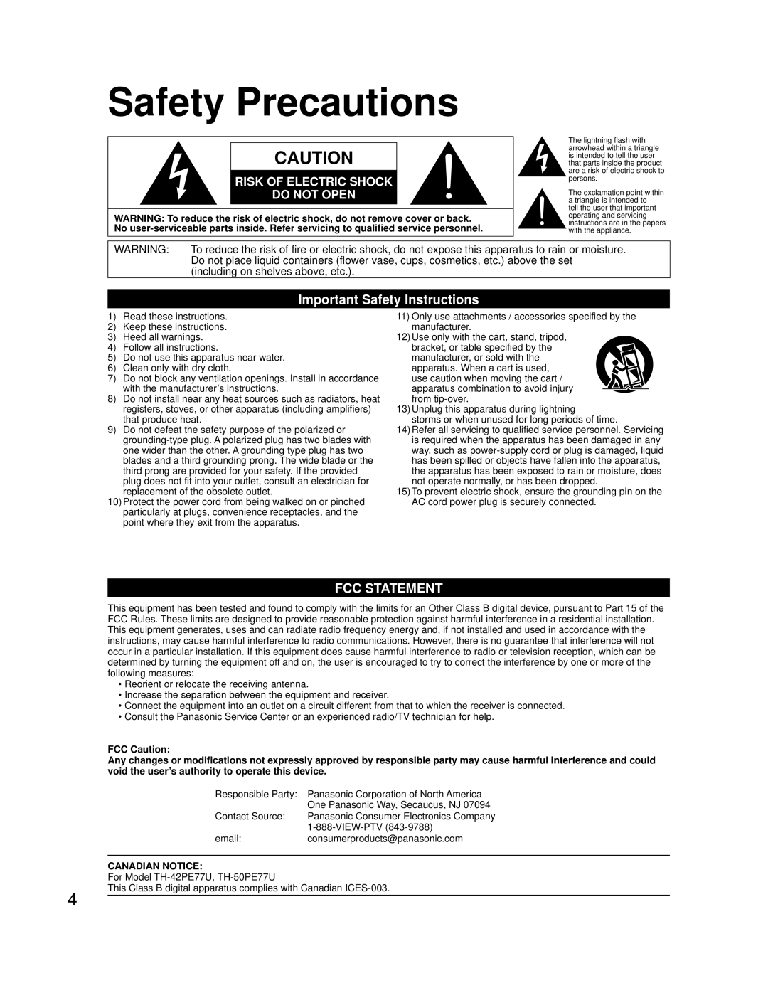 Panasonic TQB2AA0756 Safety Precautions, Important Safety Instructions, Fcc Statement, Risk Of Electric Shock Do Not Open 