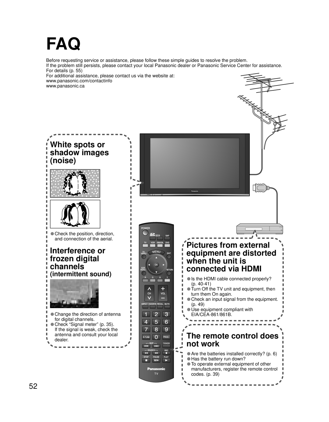 Panasonic TQB2AA0756 intermittent sound, White spots or shadow images noise, Interference or frozen digital channels 