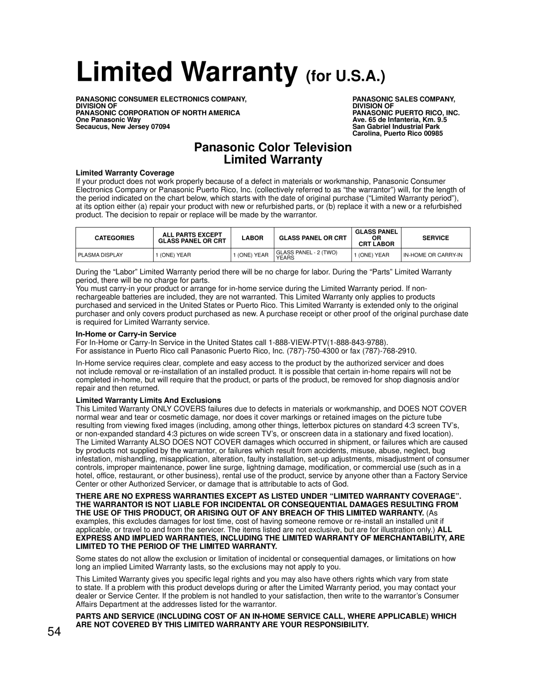 Panasonic TQB2AA0756 Limited Warranty for U.S.A, Panasonic Color Television Limited Warranty, Limited Warranty Coverage 