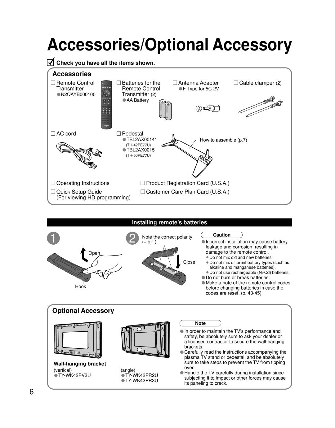 Panasonic TQB2AA0756 Accessories/Optional Accessory, Check you have all the items shown, Installing remote’s batteries 