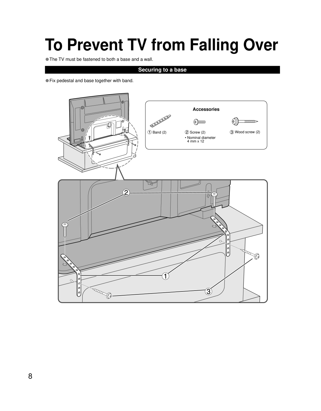 Panasonic TQB2AA0756 quick start To Prevent TV from Falling Over, Securing to a base, Accessories, Wood screw 