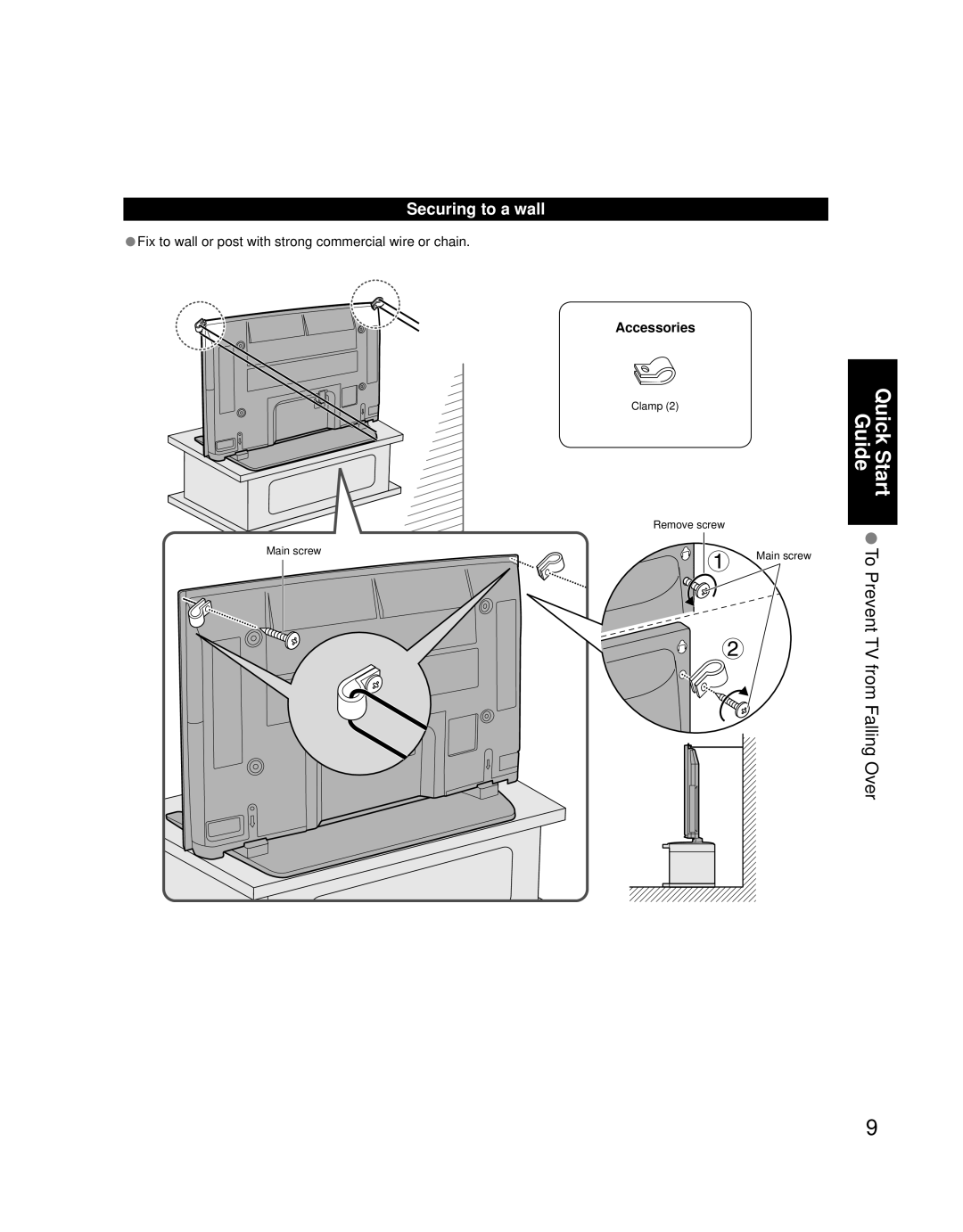 Panasonic TQB2AA0756 Guide To Prevent TV from Falling Over, Securing to a wall, Accessories, Main screw, Quick Start 
