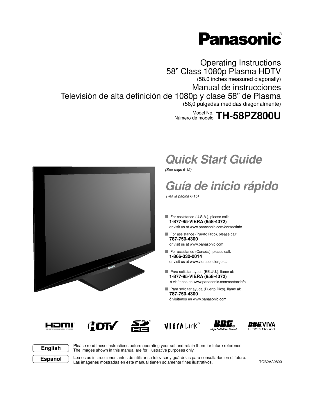 Panasonic TH-58PZ800U, TQB2AA0800 quick start ViVA, Viera 