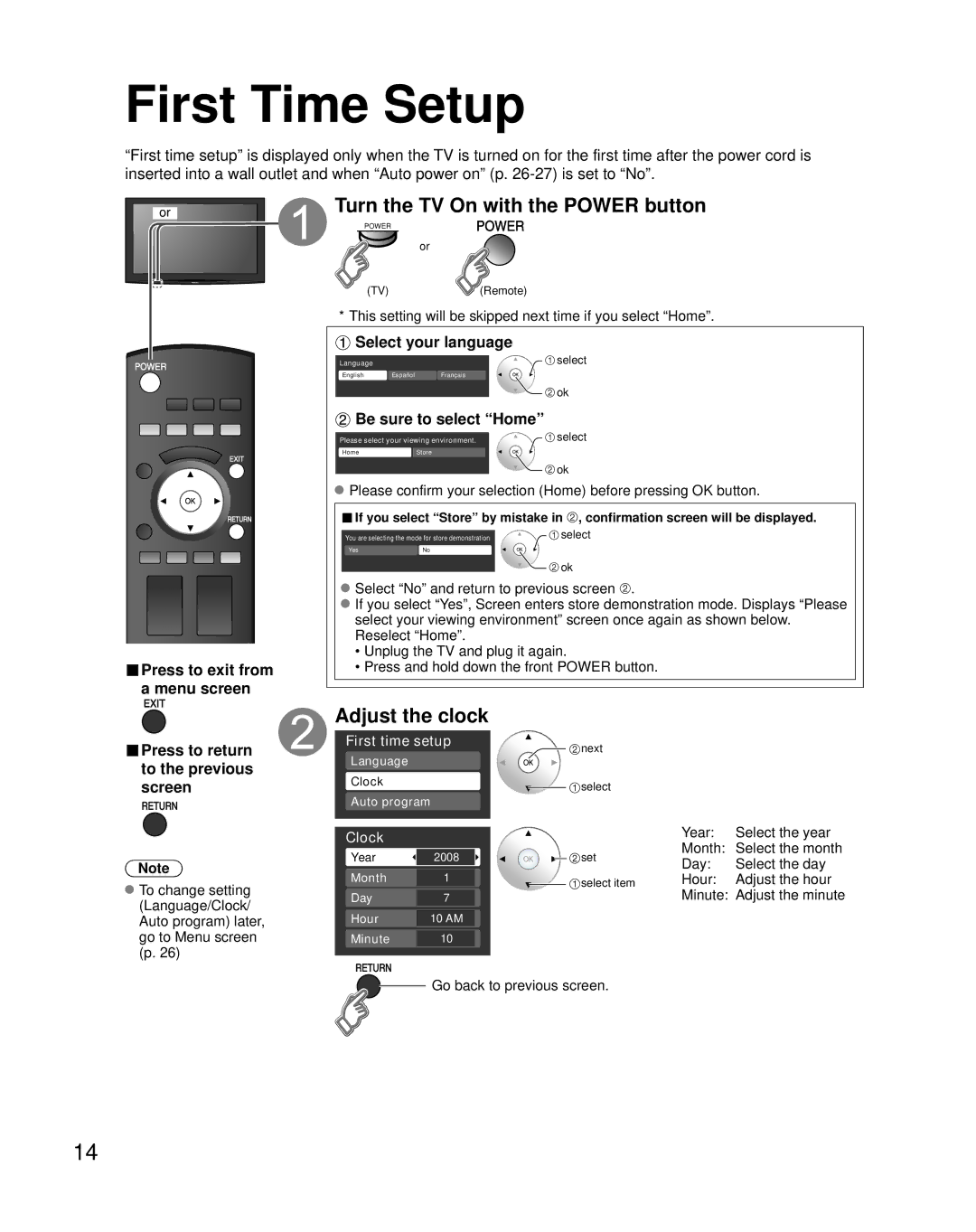 Panasonic TQB2AA0800, TH-58PZ800U quick start First Time Setup, Turn the TV On with the Power button, Adjust the clock 