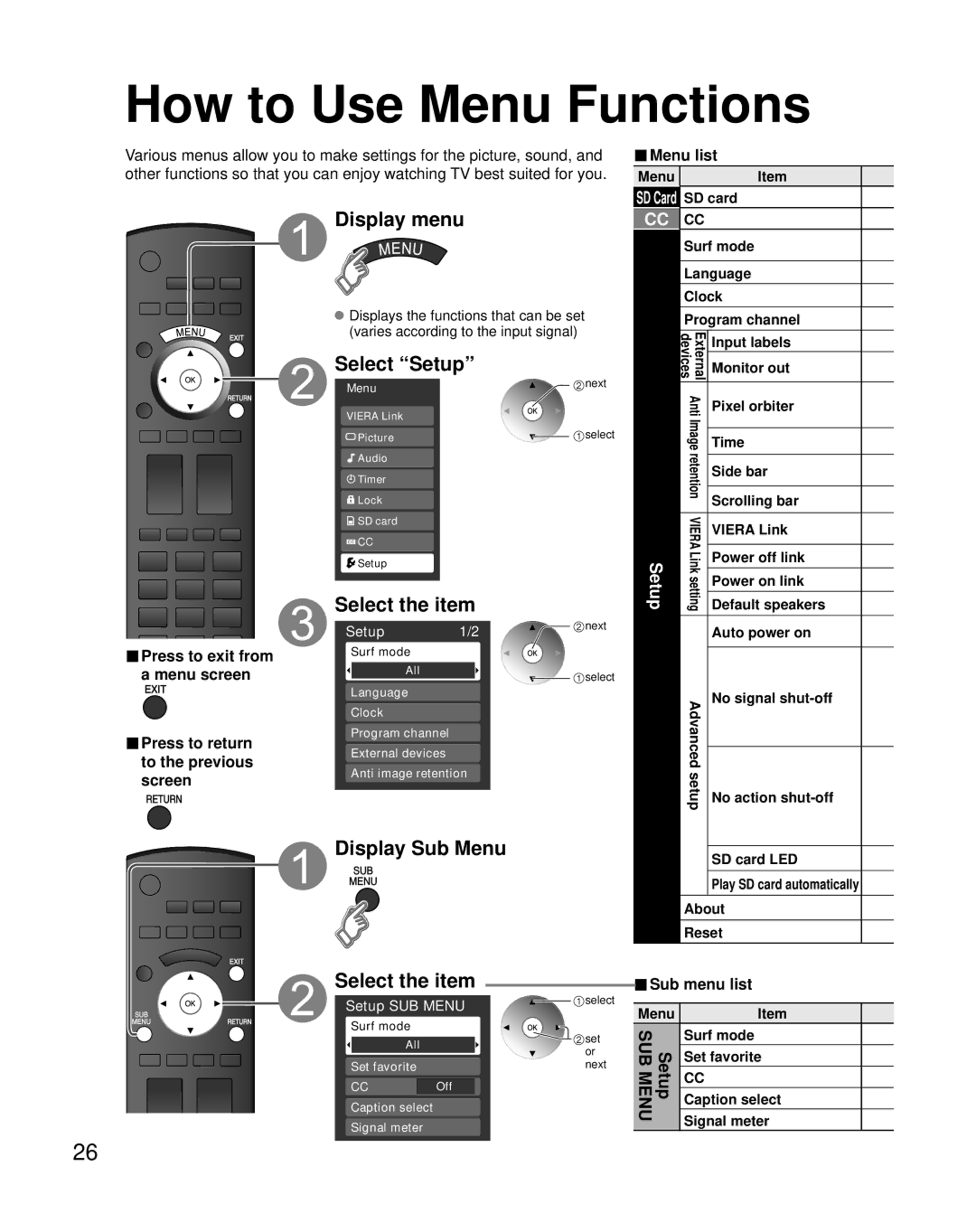 Panasonic TQB2AA0800, TH-58PZ800U quick start Select Setup, Display Sub Menu, Sub menu list 