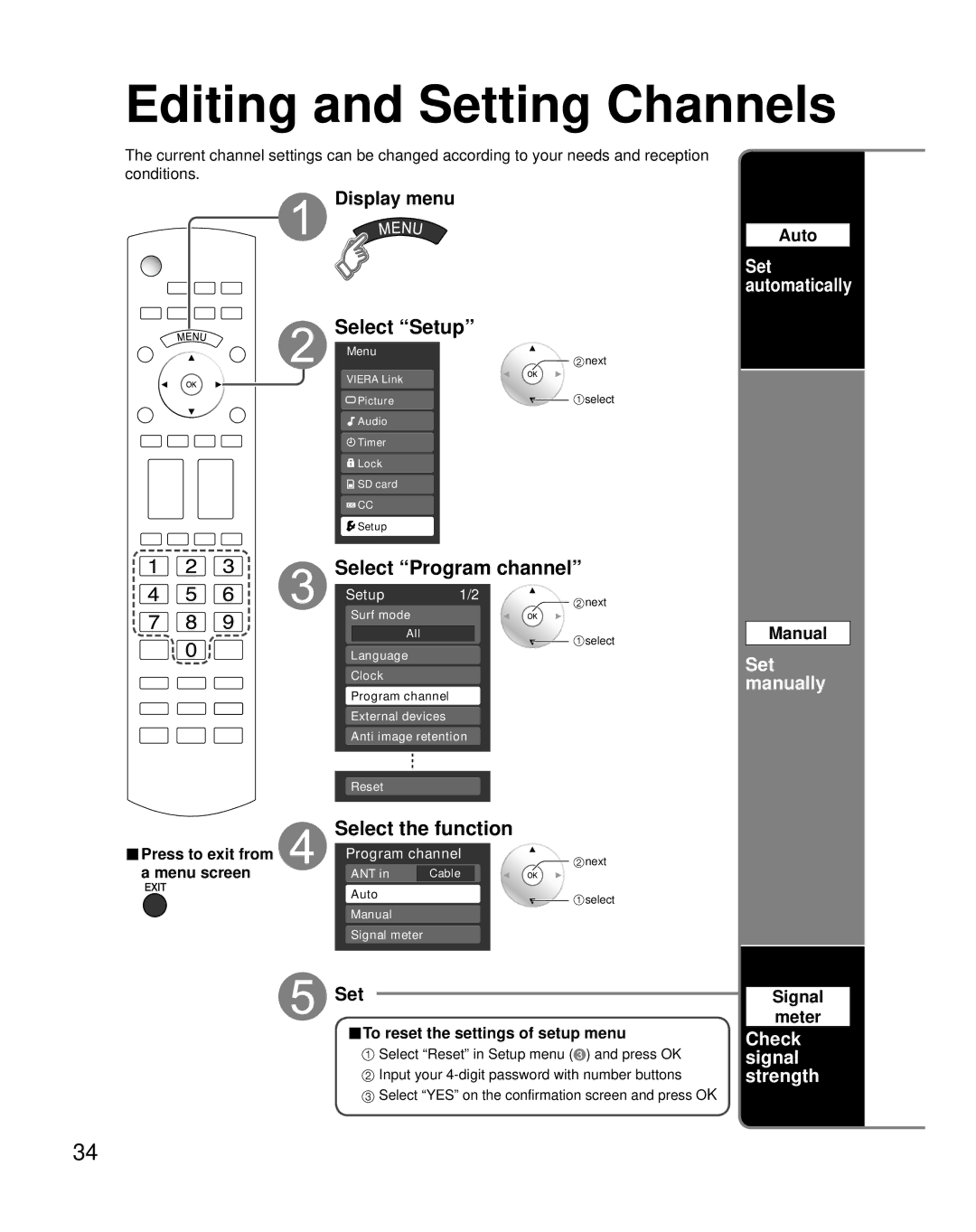 Panasonic TQB2AA0800, TH-58PZ800U quick start Editing and Setting Channels, Select Program channel, Select the function 