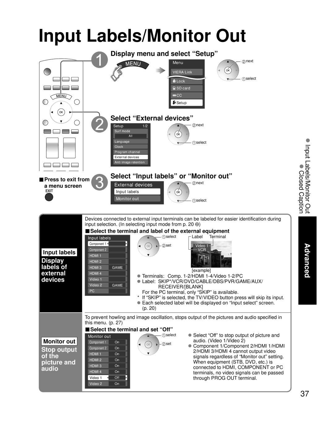 Panasonic TH-58PZ800U, TQB2AA0800 Input Labels/Monitor Out, Display menu and select Setup, Select External devices 