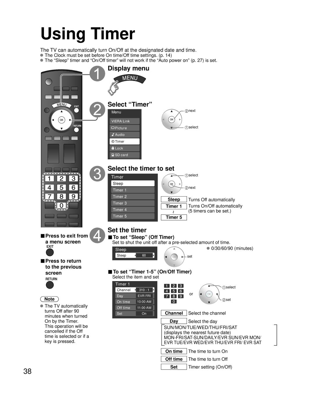 Panasonic TQB2AA0800, TH-58PZ800U quick start Using Timer, Display menu Select Timer, Select the timer to set, Set the timer 