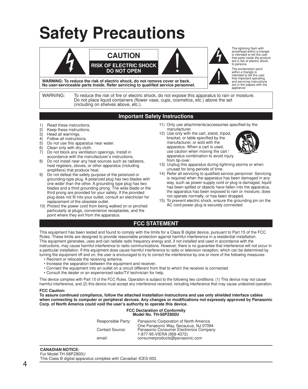 Panasonic TQB2AA0800, TH-58PZ800U quick start Safety Precautions, Important Safety Instructions 