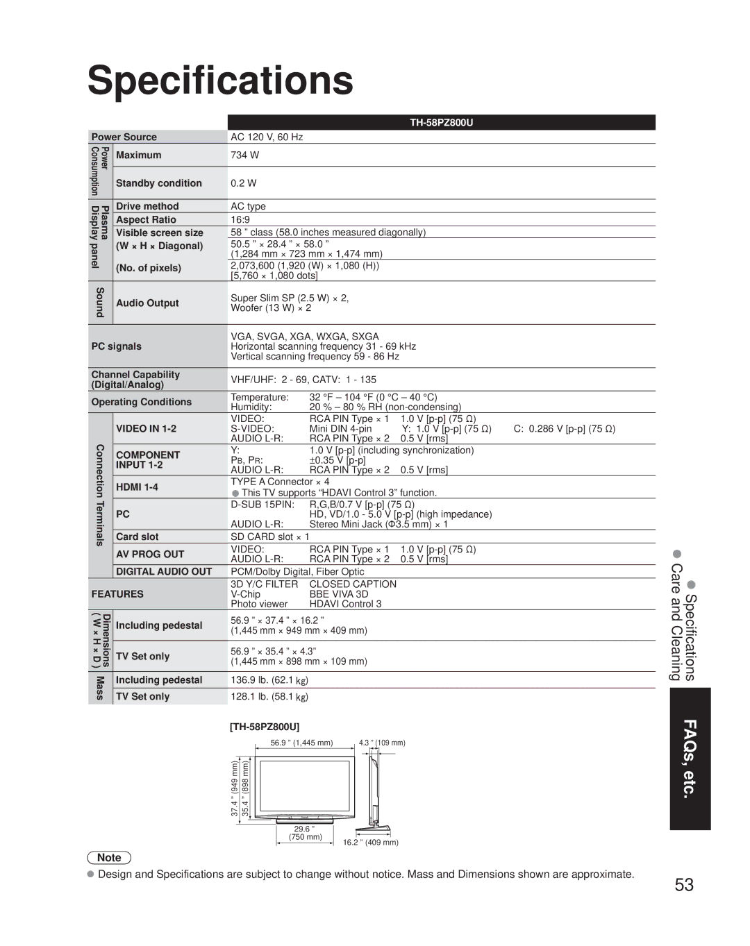 Panasonic TH-58PZ800U, TQB2AA0800 quick start Specifications 