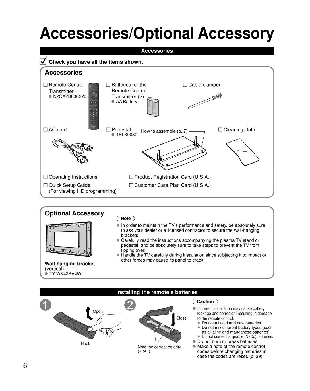 Panasonic TQB2AA0800, TH-58PZ800U quick start Accessories/Optional Accessory, Installing the remote’s batteries 