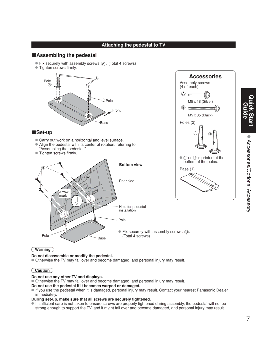 Panasonic TH-58PZ800U, TQB2AA0800 Attaching the pedestal to TV, Bottom view, Do not disassemble or modify the pedestal 