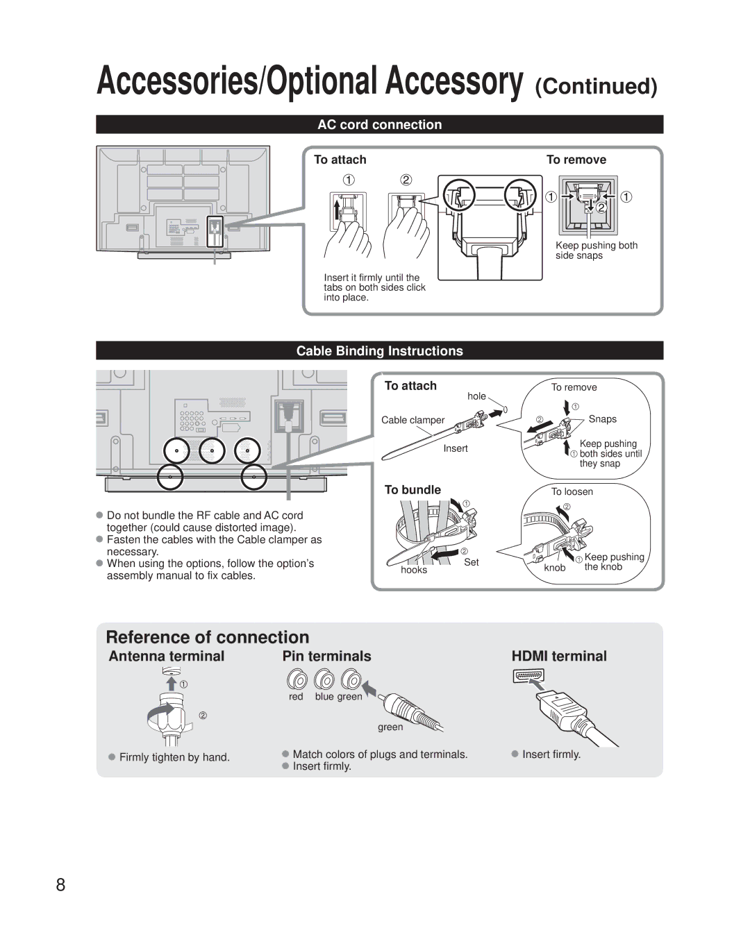 Panasonic TQB2AA0800, TH-58PZ800U quick start AC cord connection, Cable Binding Instructions, To attach To remove, To bundle 