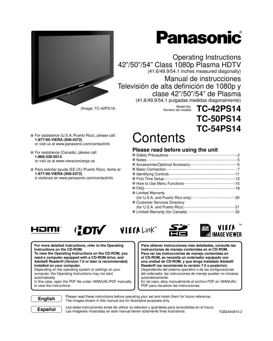 Panasonic TQB2AA0814-2 warranty Contents 