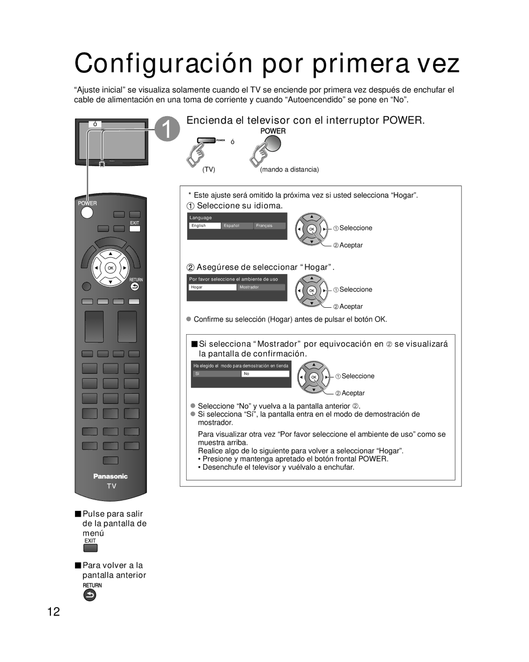 Panasonic TQB2AA0814-2 Configuración por primera vez, Encienda el televisor con el interruptor Power, Seleccione su idioma 