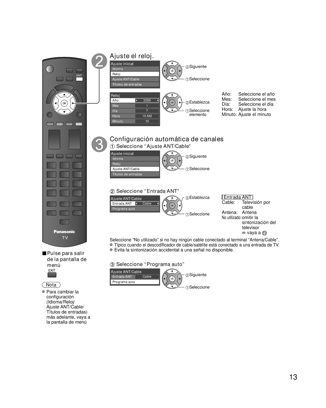 Panasonic TQB2AA0814-2 warranty Ajuste el reloj, Configuración automática de canales 