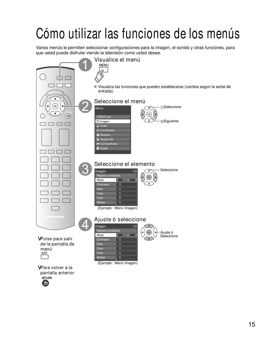 Panasonic TQB2AA0814-2 warranty Visualice el menú, Seleccione el menú, Seleccione el elemento, Ajuste ó seleccione 