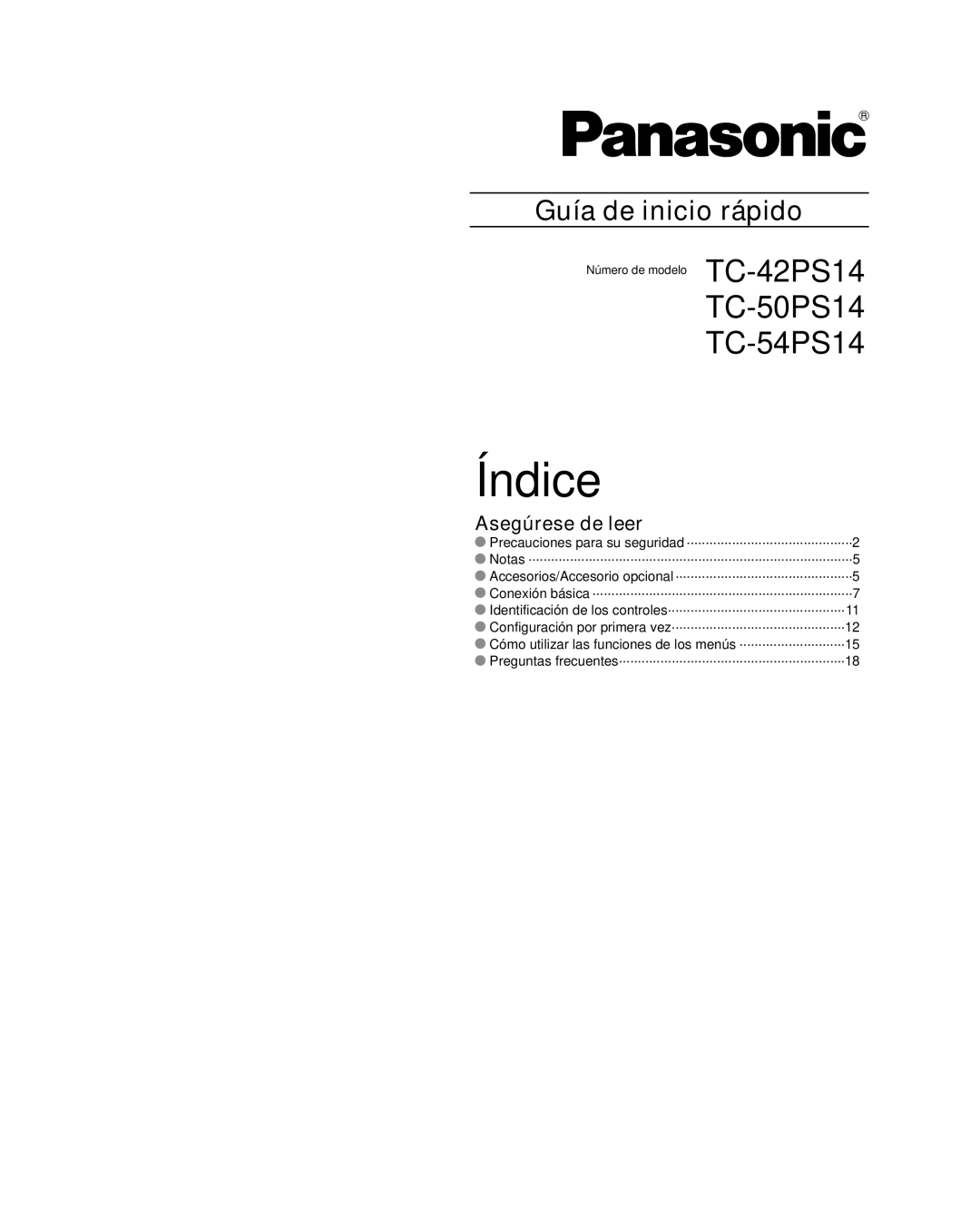 Panasonic TQB2AA0814-2 warranty Índice, Asegúrese de leer 