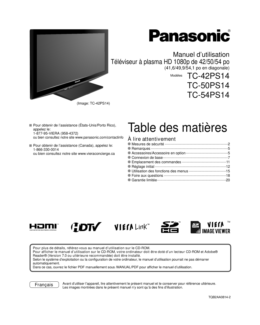 Panasonic TQB2AA0814-2 warranty Modèles TC-42PS14 TC-50PS14 TC-54PS14, Lire attentivement 